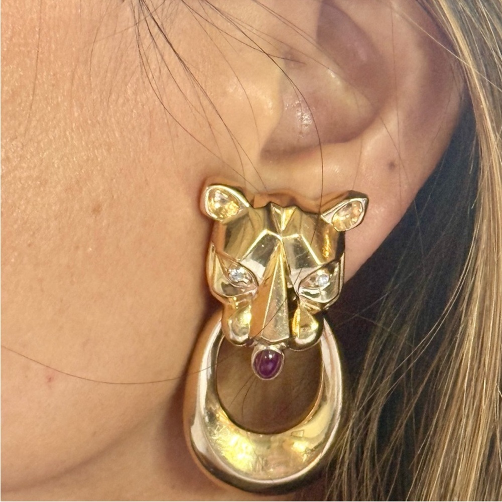 14k solid Gold Panther Earrings with Red Accent. 38.80 grams - Picture 7 of 7